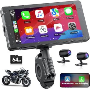 Écran Carplay sans Fil pour Moto avec Dashcam avant et arrière 2K+1080P, 5,5 Pouces IPS Écran Tactile,IP67 Étanche